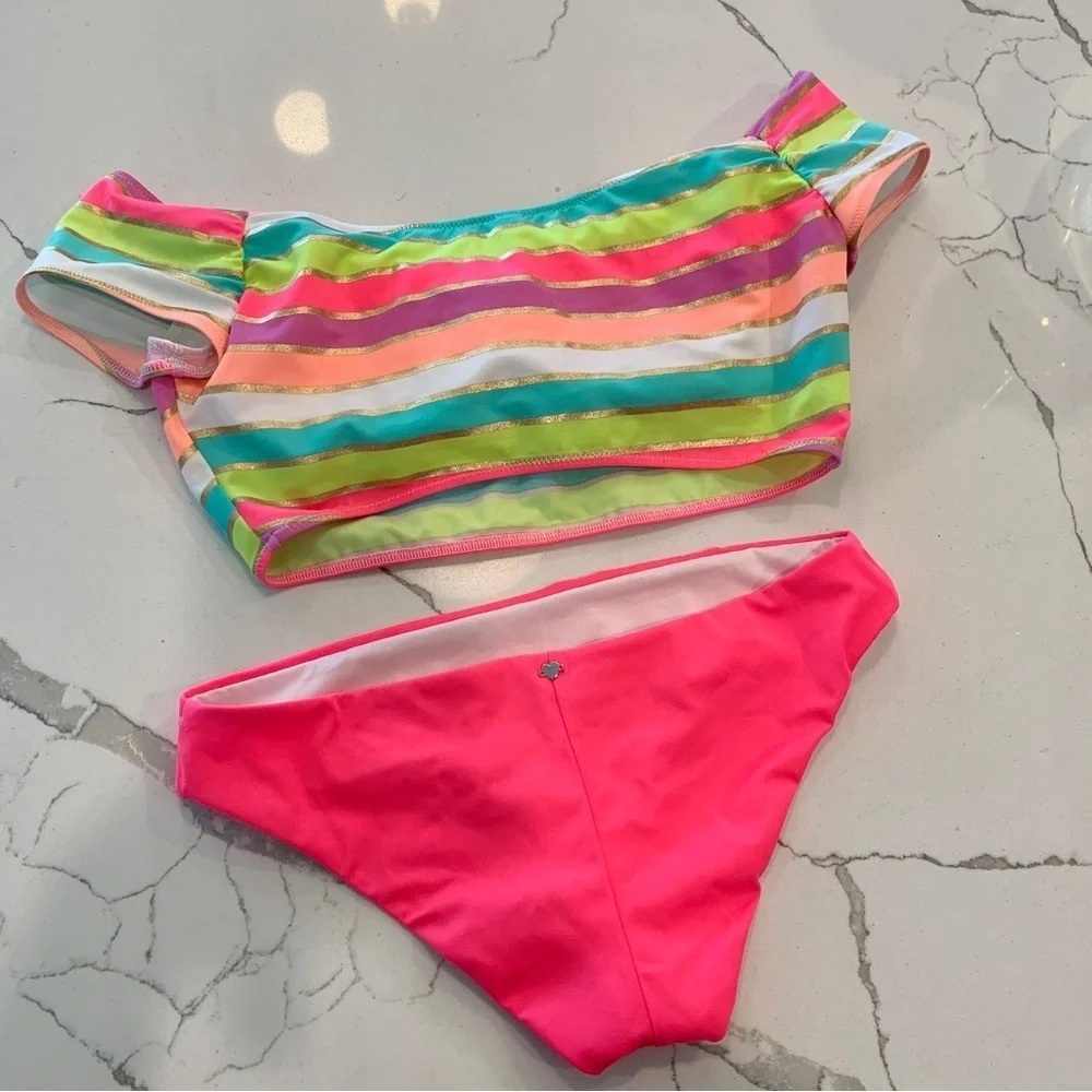 🌞 NWOT VS 2-Piece Set Rainbow Soiree Foil Gold Stripe Off-Shoulder Swimsuit